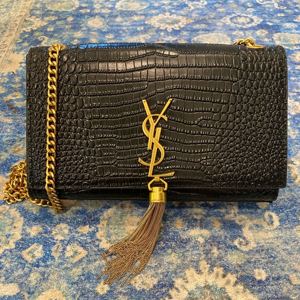 Yves Saint Laurent Black Croc-Embossed Crossbody Bag with Gold Accents